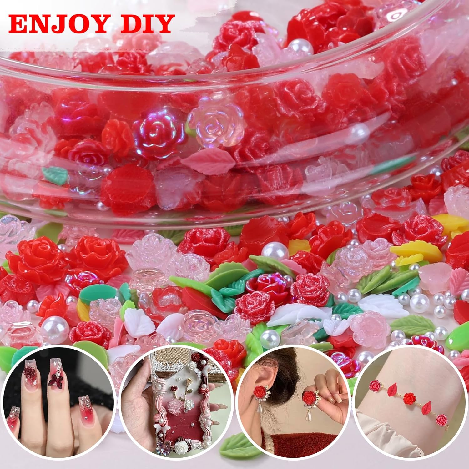 400 Pieces Red Camellia Flower Nail Charms with White Pearls for Nail Art Design - Image 7