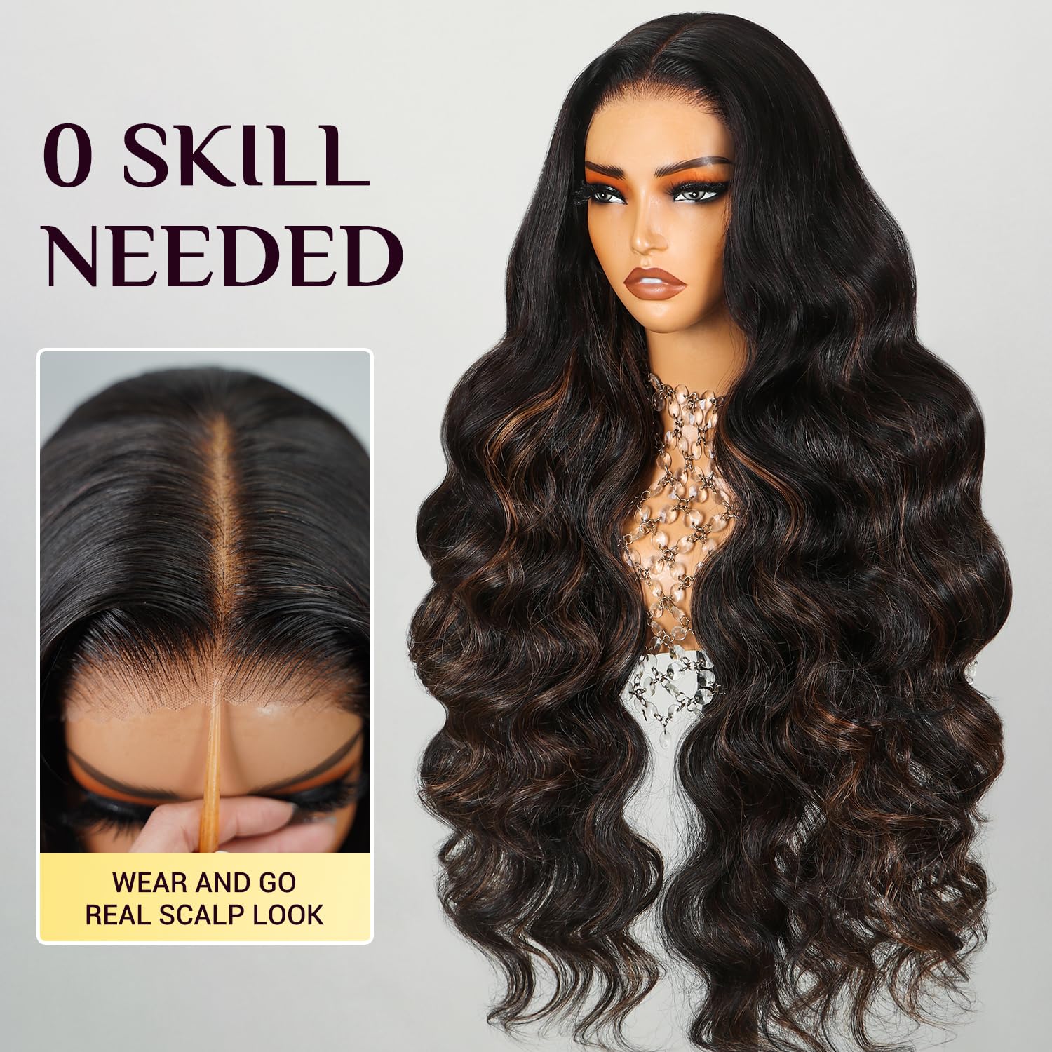 TESLAL 22 Inch 260% Density Body Wave Glueless Pre Cut Lace Wig with Highlights - Image 6