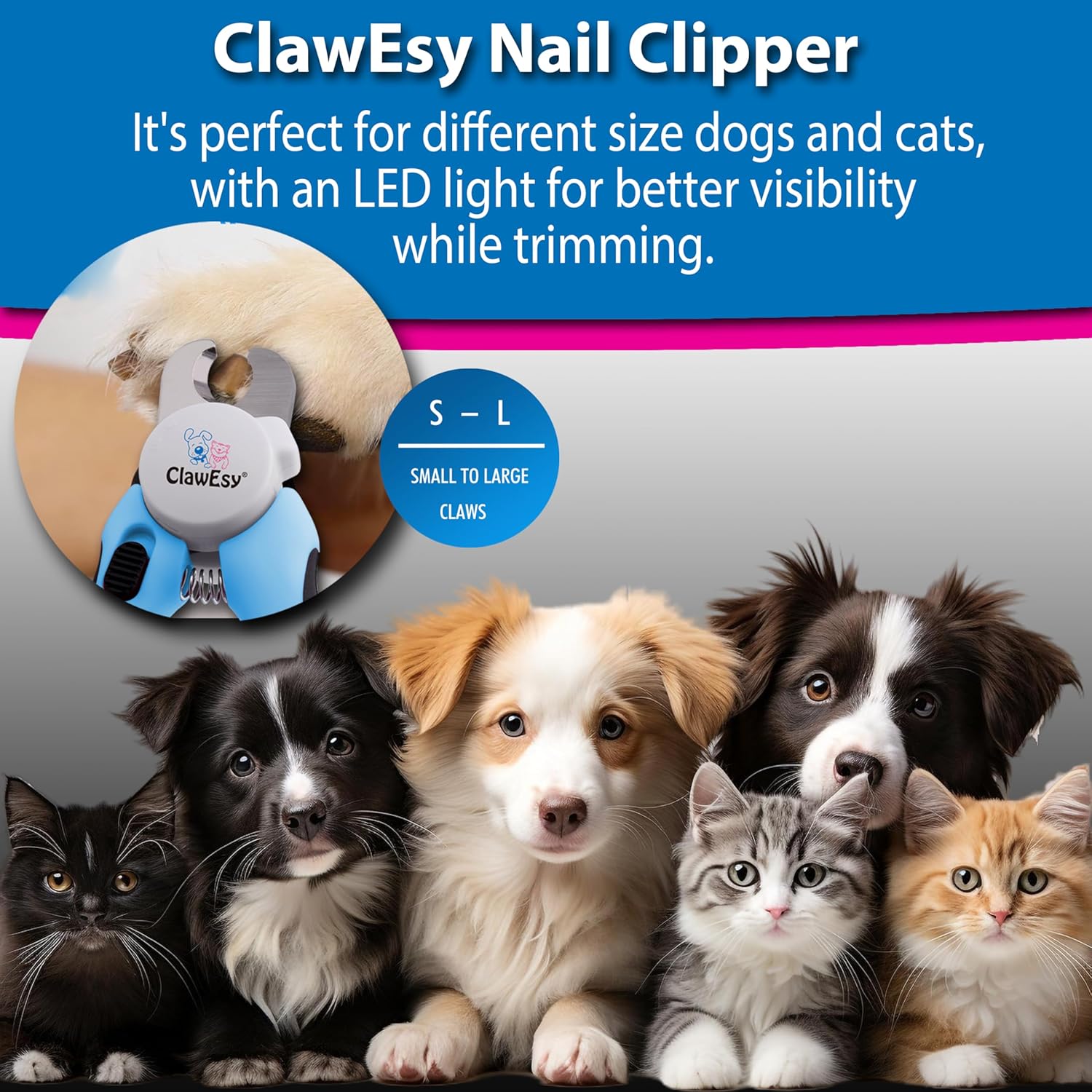 Blue Dog and Cat Nail Clippers with Built-in LED Light and Safety Guard, Stainless Steel Trimmer with Ergonomic Handle and Free Nail File - Image 2