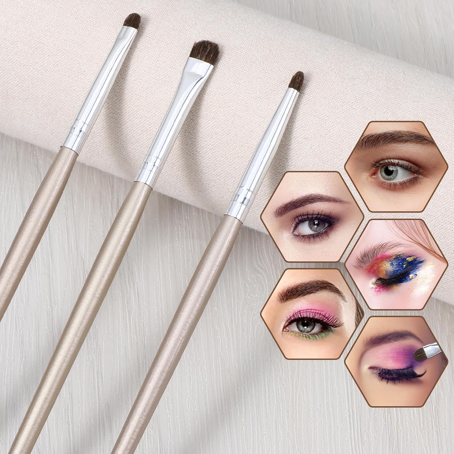 3 Pcs Flat Eyeliner Smudge Brush Set for Eyeshadow and Concealer Blending, Light Gold - Image 6