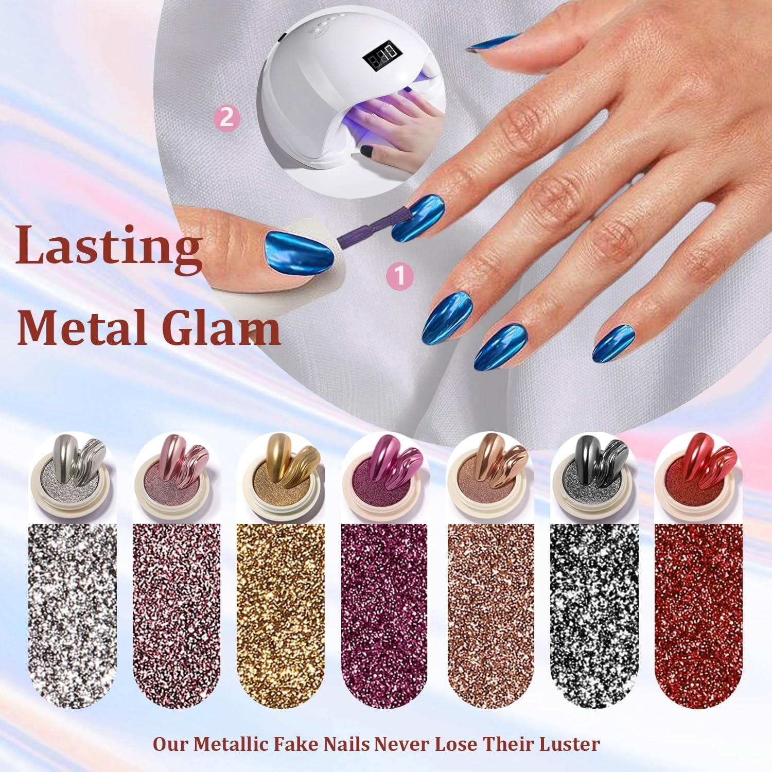 Hot Pink Chrome Medium Almond 24 Pcs Acrylic Press On Nails - Image 5