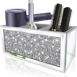 Mirror Hair Dryer Holder. Crystal Crush Diamond Hair Tool Organizer Wall Mount. Silver Bathroom Cabinet Tray for Blow Dryers, Hairdryer Straightener, Brushes and Combs.(10.5”x4”x5”)