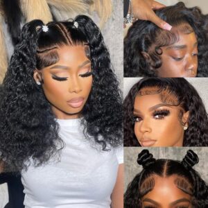 14inch Deep Wave Bob Wig Human Hair 13×4 HD Curly Lace Front Wigs Human Hair 200% Density Lace Frontal Bob Wigs Pre Plucked Wet and Wavy Bob Wig for Women Natural Hairline