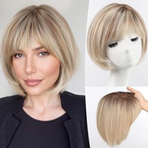 starluck Hair Topper for Women Real Human Hair 6.5x6.5 inch Base ombre Blonde with Brown Highlight Short Bob with Bangs Side Part SilkHug Human Hair Topper for Women with ThinngHair Cover Gray Roots