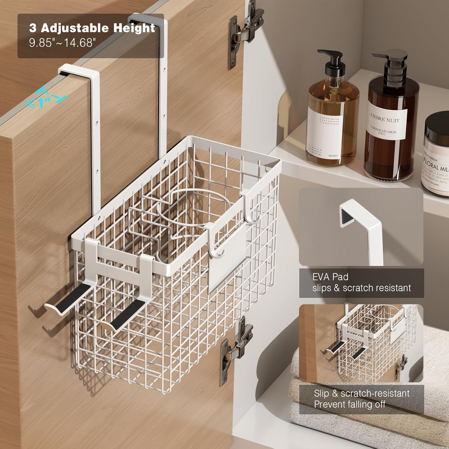 Voldra Adjustable Height Hair Dryer Holder Cabinet Door Organizer for Curling Iron and Brushes, White - Image 5