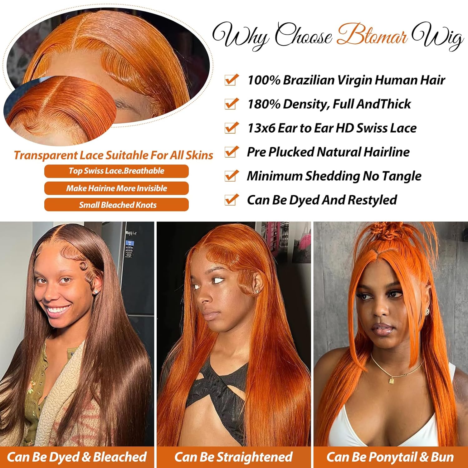 Ginger Orange 13x6 Lace Front Wig for Women, 30 Inch Straight Human Hair, 180% Density - Image 5