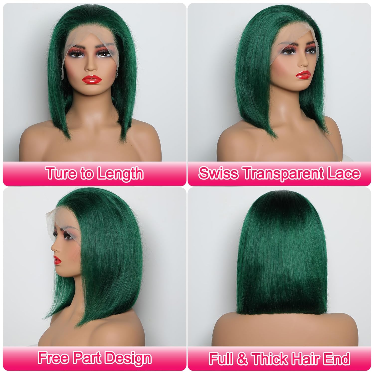 Glueless Dark Green Lace Frontal Bob Wig, Short Straight 14 Inch Human Hair, 180% Density - Image 7