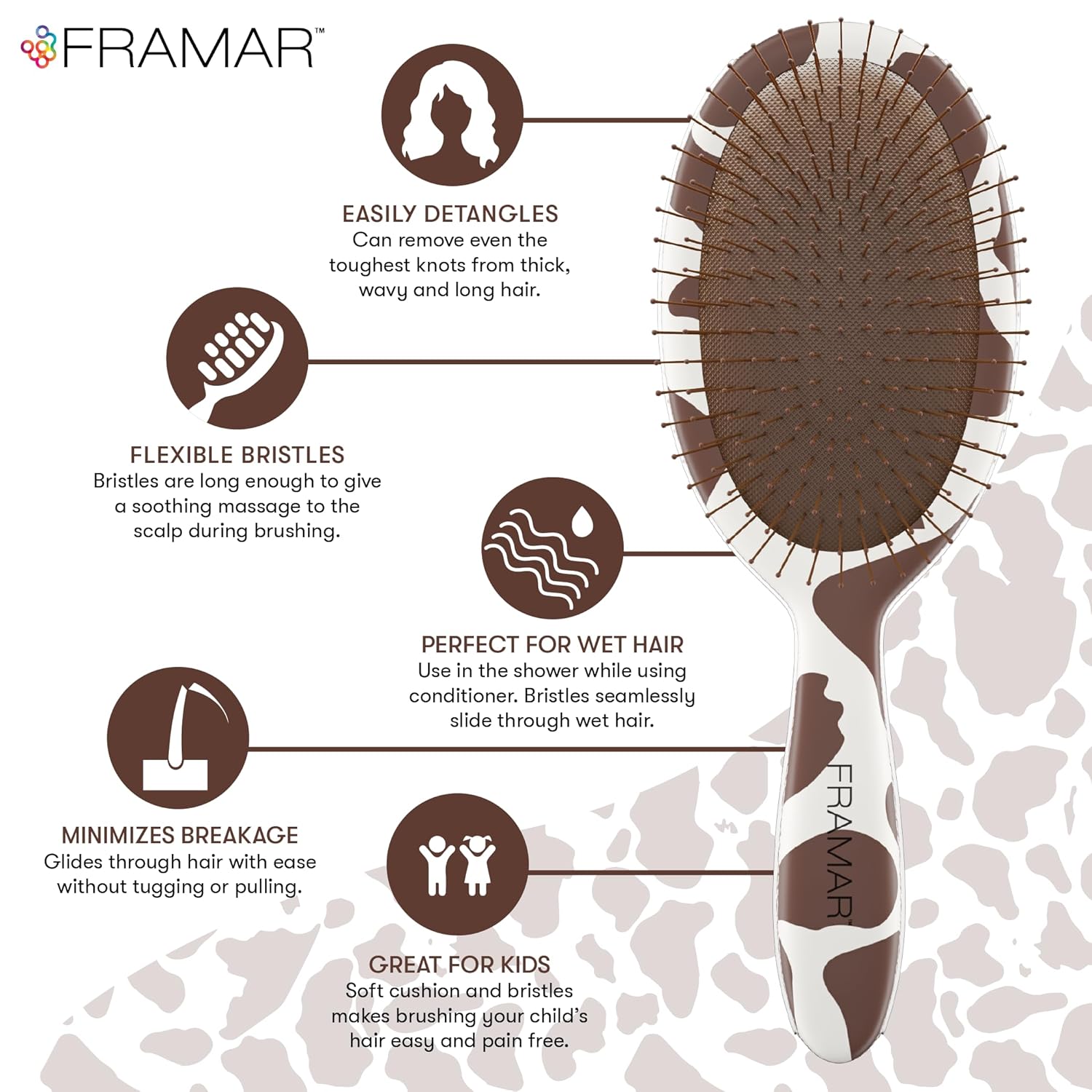FRAMAR Cow Print Detangling Hair Brush for Women Girls Reduces Frizz - Image 4