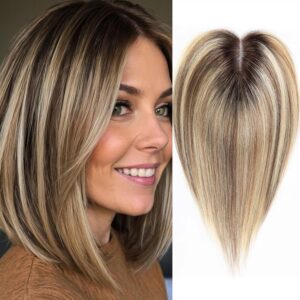 HAIRCUBE Ash Blonde Hair Toppers for Women Real Human Hair,100% Remy Human Hair Topper 3.5"*4"Hand-Tied HairToppers with Swiss Lace Base 12in No Bangs,HairToppers for Women with ThinningHair