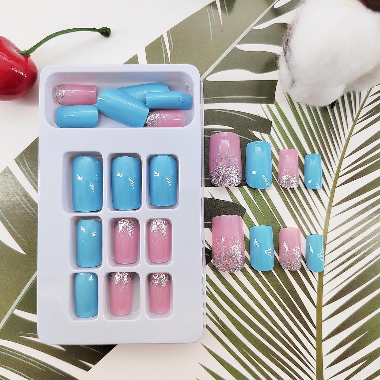 Summer Glitter Acrylic Square Press on Nails Medium Length 24 Pcs - Image 2