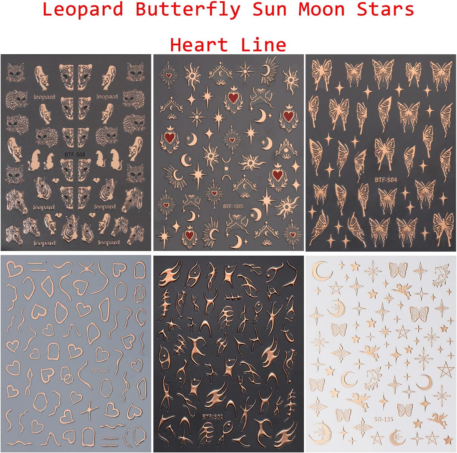 Rose Gold Nail Art Stickers Set - Leopard, Butterfly, Moon, Stars, Heart Designs - Image 7