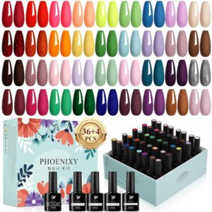 PHOENIXY 40 PCS Gel Nail Polish Set, 36 Colors Gel Polish Red Green Yellow Base Glossy Matte Top Coat Nail Polish Set Manicure at Home Nail Kit Gifts for Women (PCE9008)