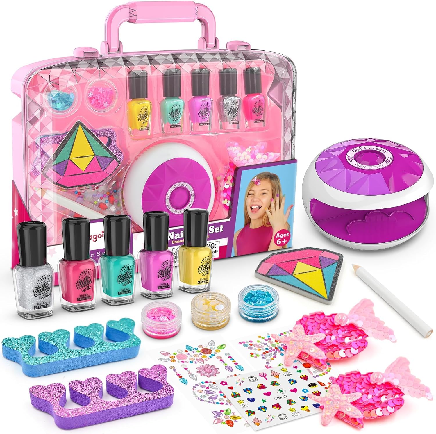 Amagoing 12-Piece Non-Toxic Kids Nail Polish Art Kit with Nail Dryer and Mermaid Hair Clip, Ages 5-8 - Image 9