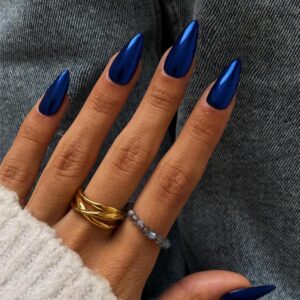 Mirror Metal Royal Blue Press on Nails - Almond Shape Chrome Glazed Medium Length - Bling Shiny Plating Acrylic Reusable Fake Nails for Women - Stiletto Glue on
