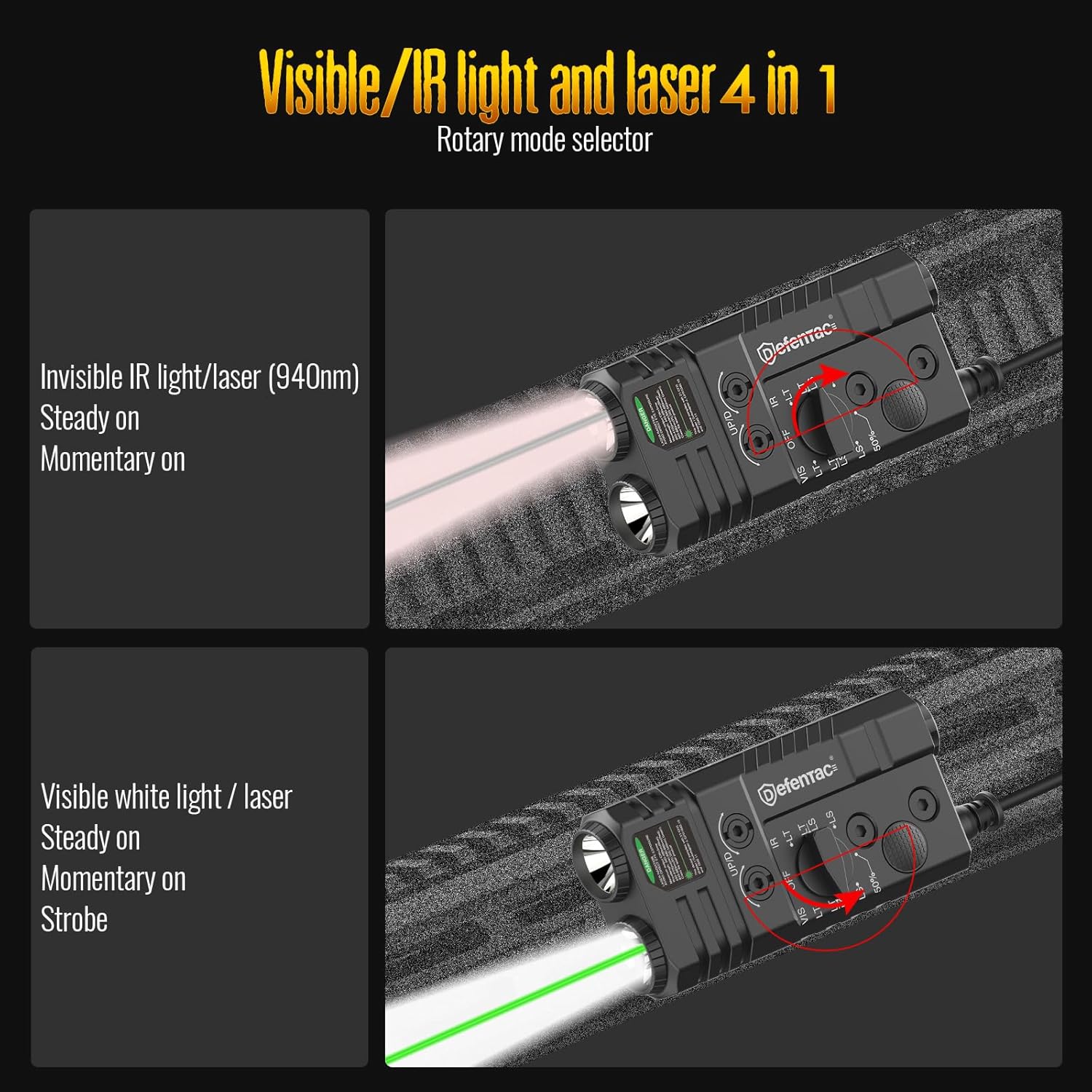 Defentac 4-in-1 Green/IR Laser and White/Infrared Flashlight Combo for Mlok/Picatinny Rail, 1450lm, Rechargeable Aluminum with Remote Pressure Switch - Image 5