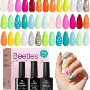 Beetles Summer Gel Nail Polish Set, 23 Pcs 20 Colors Neon Hot Pink Glitter Yellow Orange Blue Clear Pastel Gel Nail Polish Kit Soak Off UV Base Glossy & Matte Top Coat Rainbow Nail Gift for Women