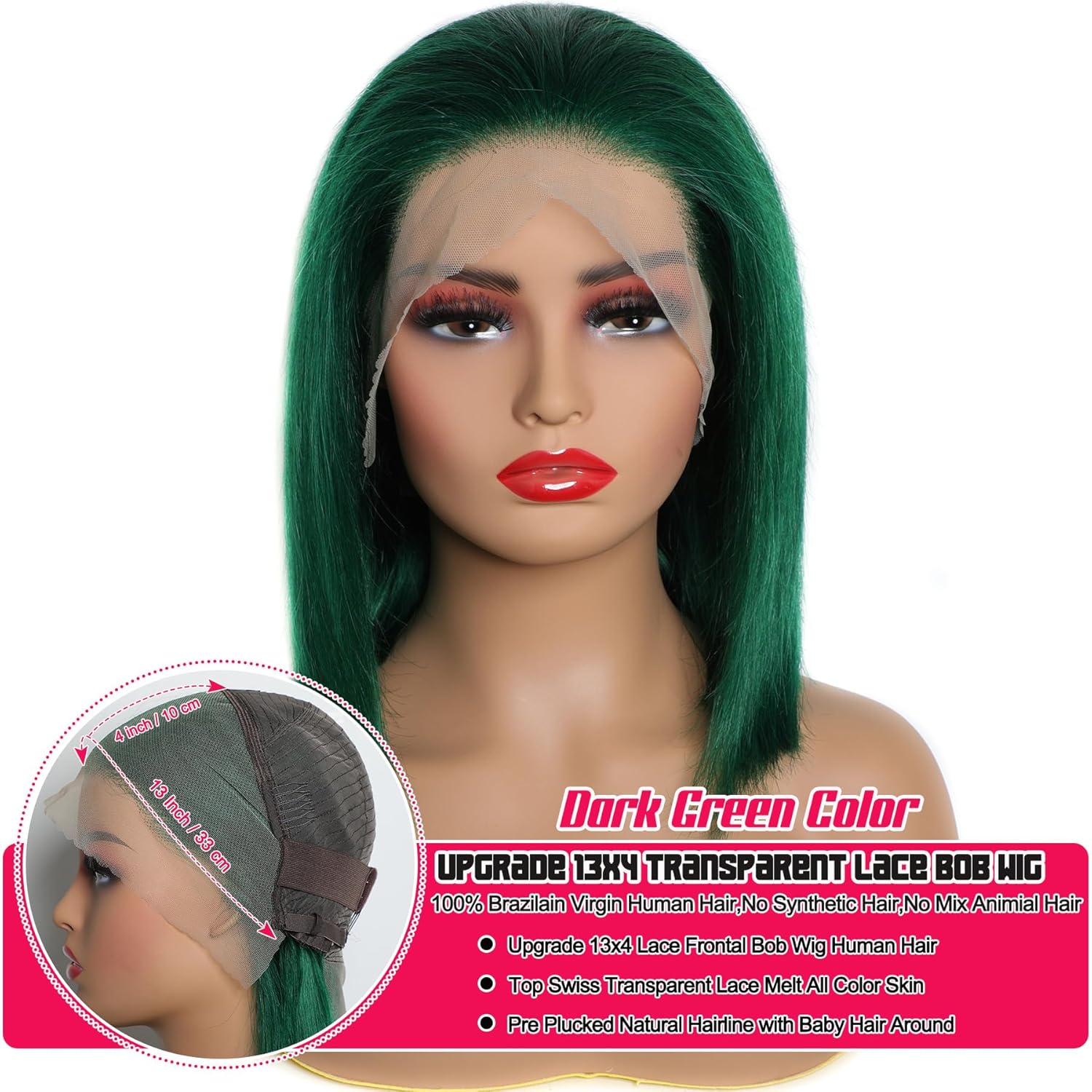 Glueless Dark Green Lace Frontal Bob Wig, Short Straight 14 Inch Human Hair, 180% Density - Image 4