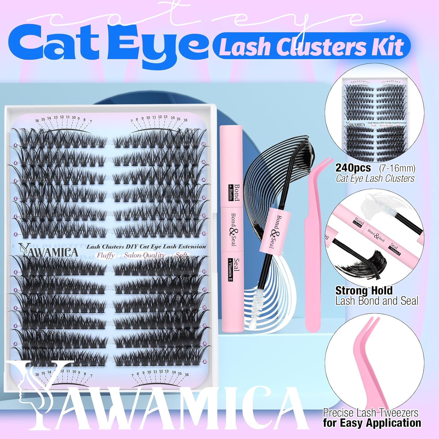 Yawamica 50D 80D Cat Eye Lash Extension Kit 240pcs Wispy Clusters 7-16mm - Image 5