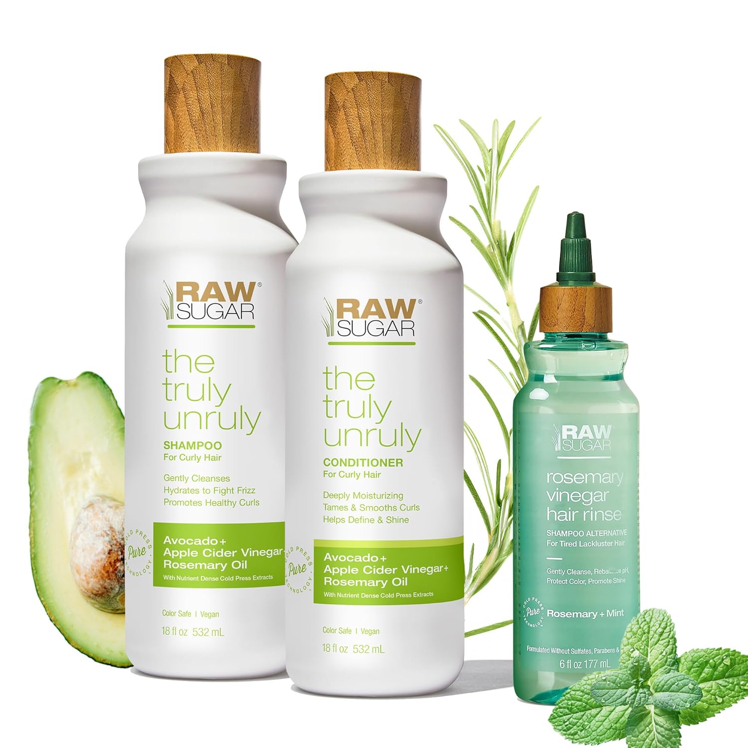 Raw Sugar The Truly Unruly Shampoo and Conditioner Set and Rosemary Vinegar Hair Rinse (3 Products) Gently Cleanses, Defines Curls & Boosts Shine, A Cleansing, Smoothing Haircare Bundle
