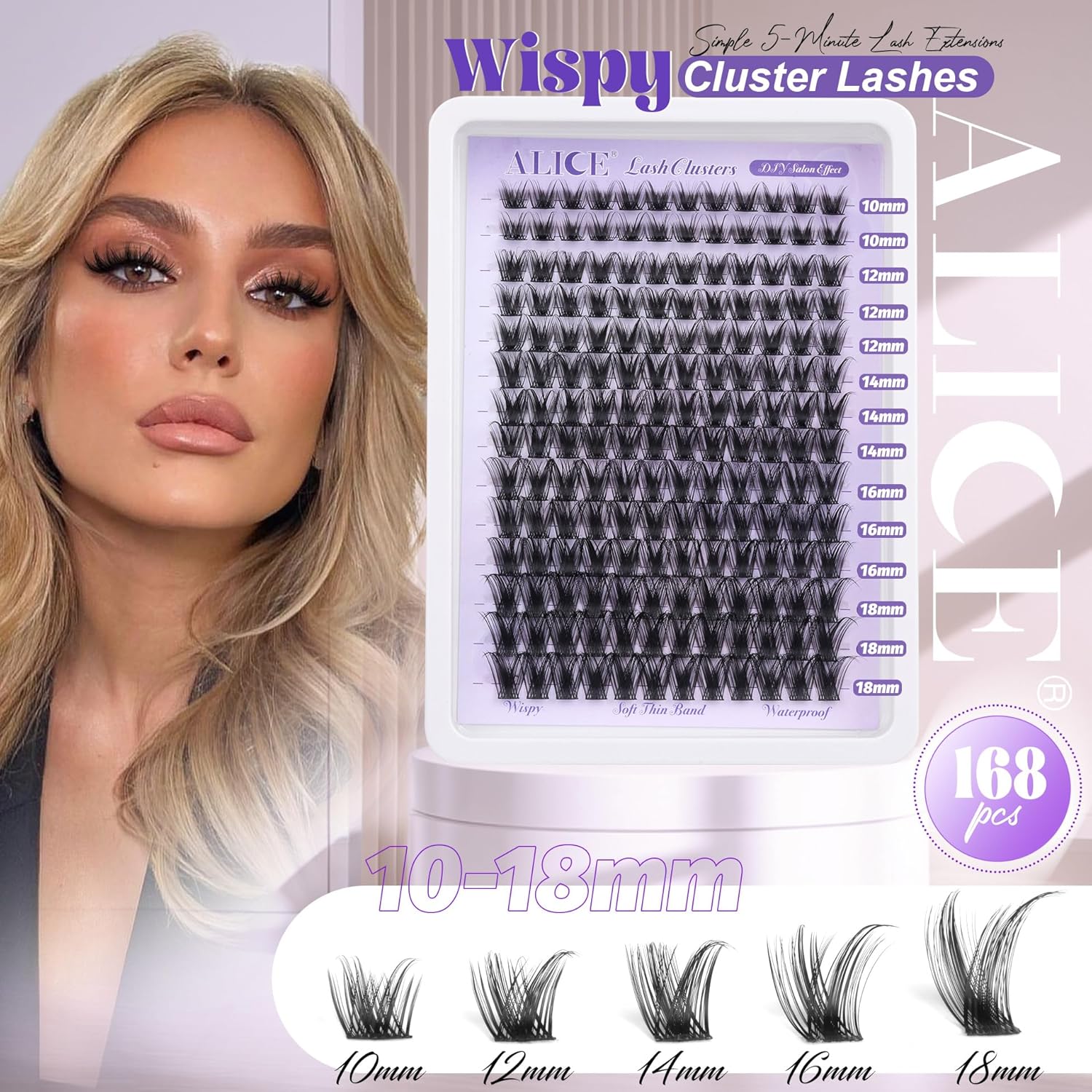 ALICE 168pcs Wispy Eyelash Clusters 10-18mm Natural Volume Extensions with Soft Band - Image 2