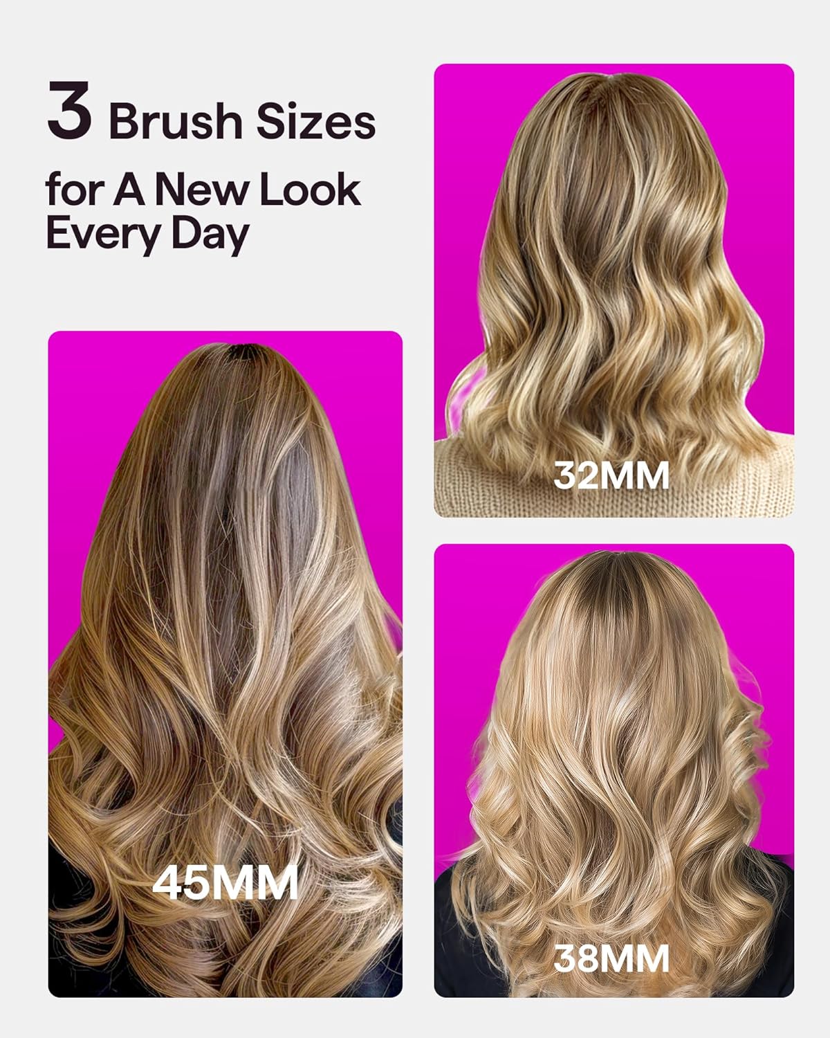 Wavytalk Heatwave Pro Ionic Thermal Brush Set 3 Sizes for All Hair Types Pink - Image 2