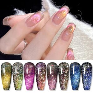 Born Pretty 9D Cat Magnetic Eye Gel Nail Polish Reflective Glitter Holographic Cat Magnetic Eye Gel Polish 4PCS Manicure and Nail Art DIY at Home
