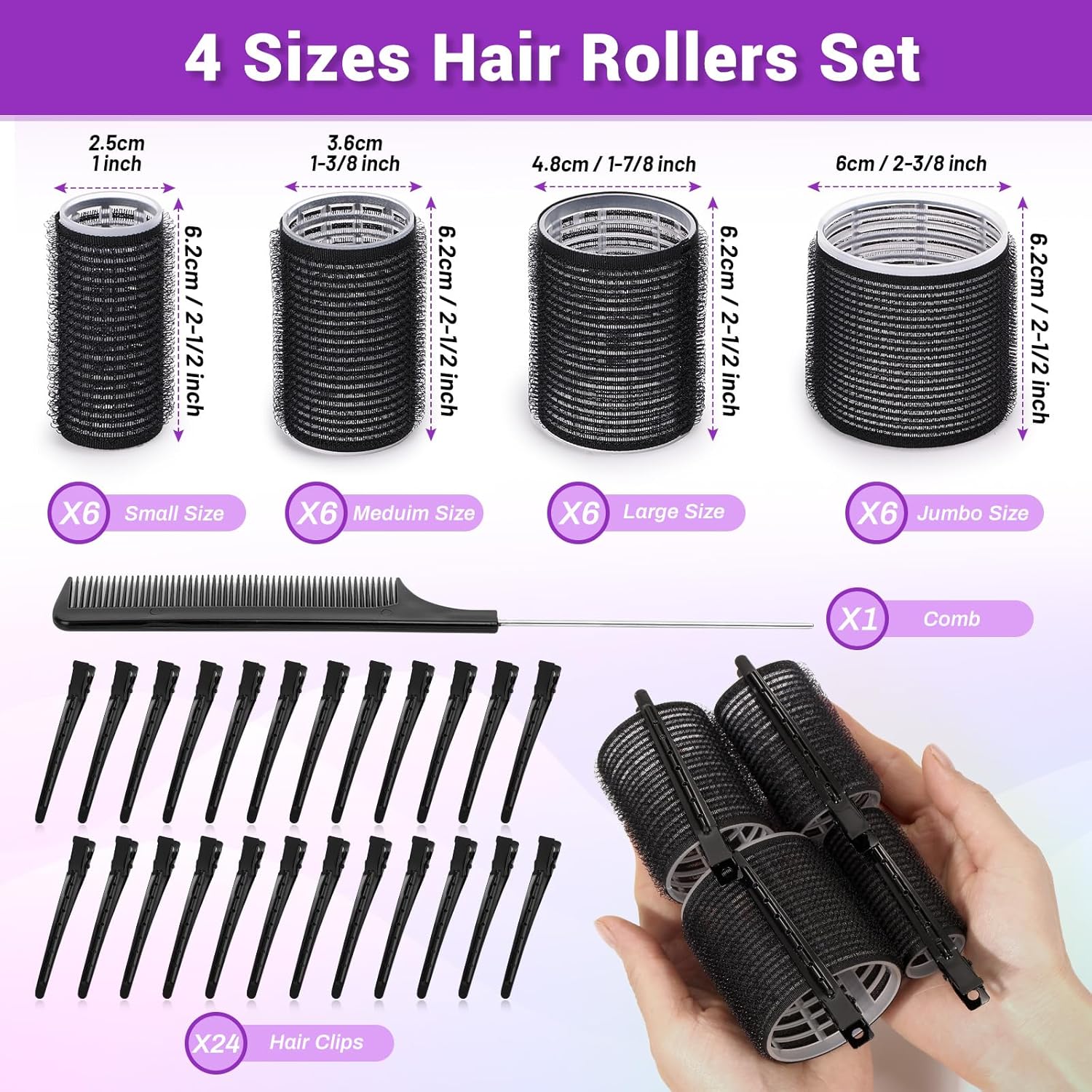 50 Piece Hair Curlers Set with 24 Self Grip Rollers in 4 Sizes and 24 Clips - Image 3