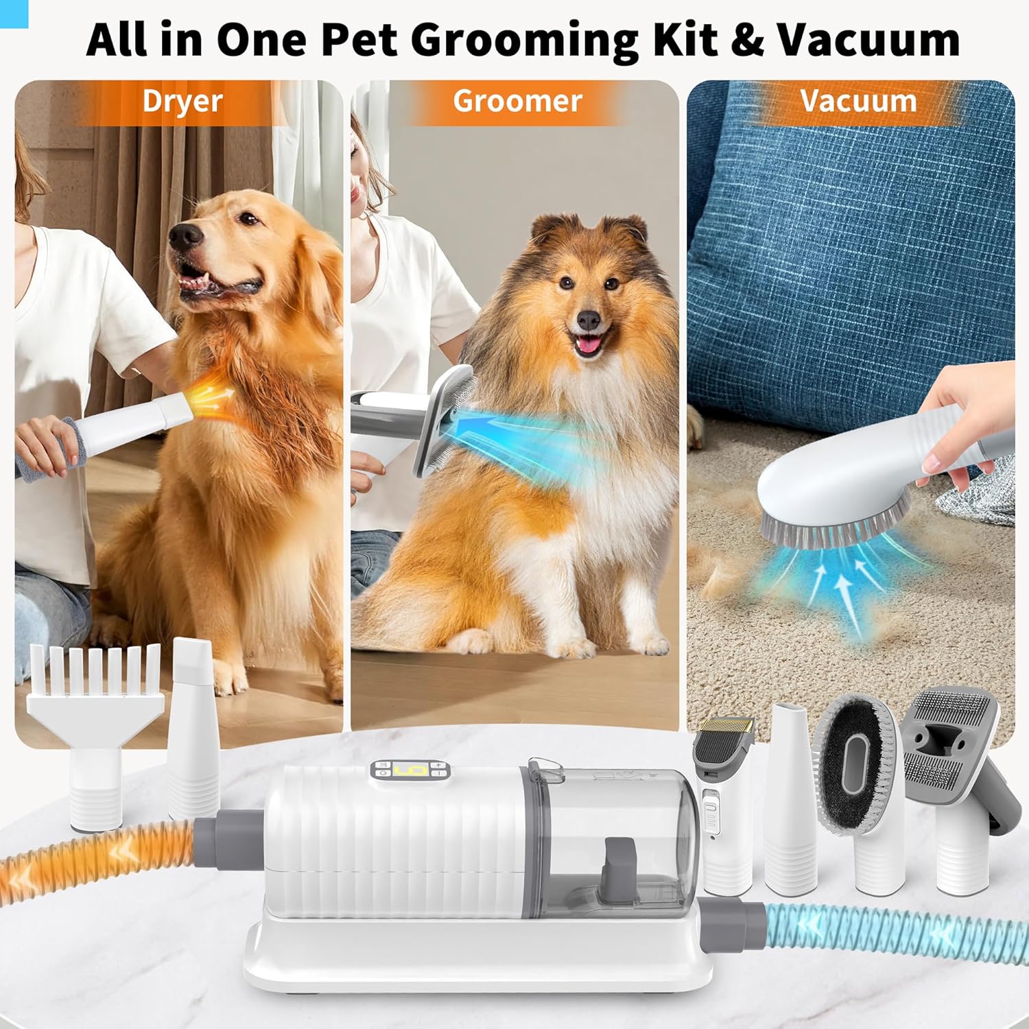 6-in-1 Dog Grooming Vacuum Hair Dryer with Clippers Combs for Shedding Control - Image 2