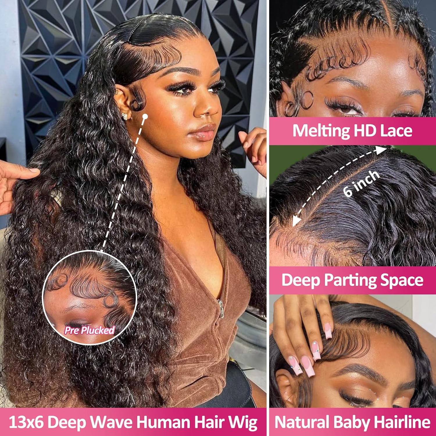 30 Inch Deep Wave Lace Front Wig Women 200 Density 13x6 HD Curly Glueless - Image 2