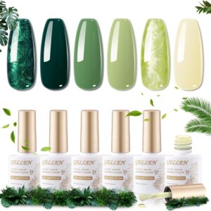 GELLEN Gel Polish Nail Set 6 Colors Precious Green Lucky Soak Off UV Nail Drawing Gel Polish Swirl Shell Thread Effect Long Lasting Home Salon Manicure Gift for Her