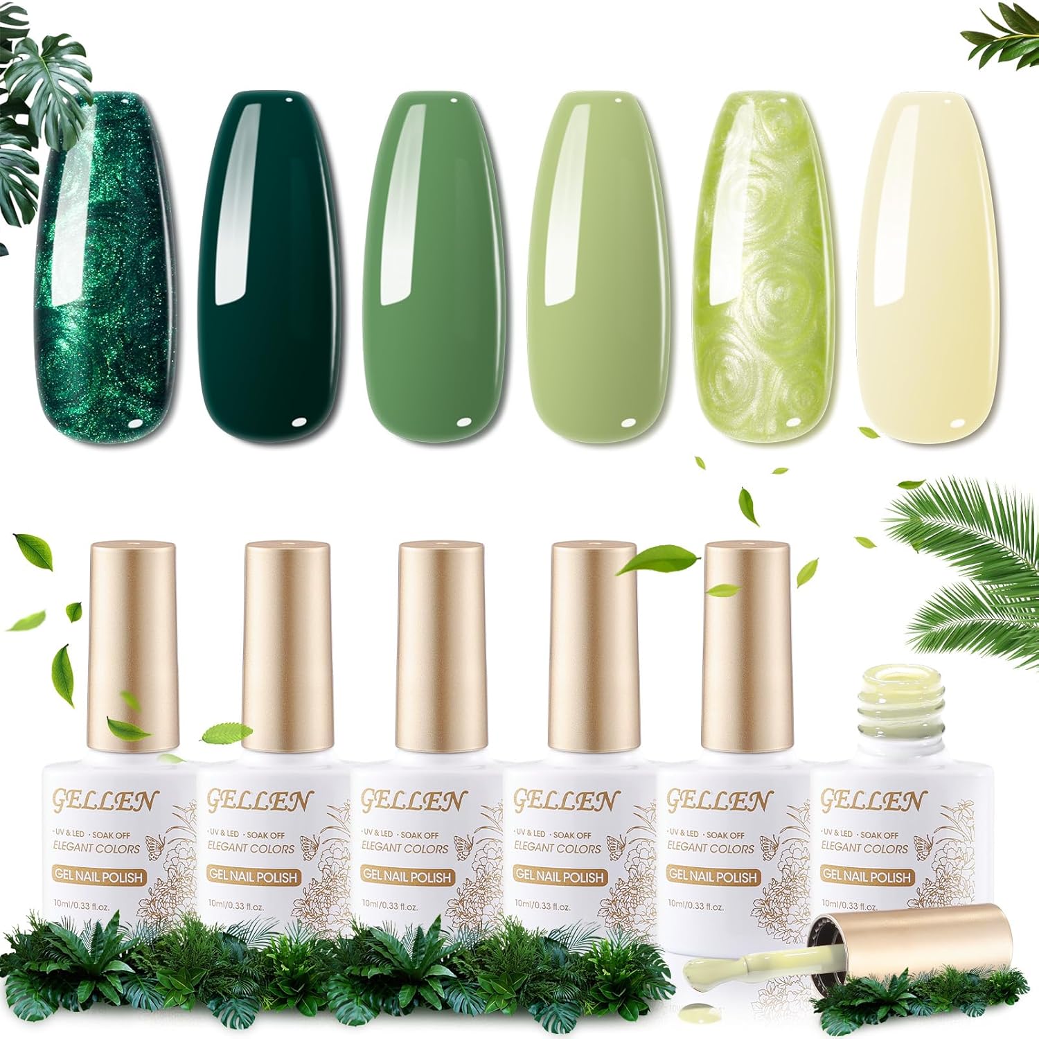 GELLEN Gel Polish Nail Set 6 Colors Precious Green Lucky Soak Off UV Nail Drawing Gel Polish Swirl Shell Thread Effect Long Lasting Home Salon Manicure Gift for Her