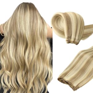 MAXITA Sew in Hair Extensions Real Human Hair, Weft Hair Extensions Human Hair, 16 inch 80g Light Blonde Highlighted Golden Blonde Weft Bundles, Full Hair Double Weft Straight Soft Sew in Extensions