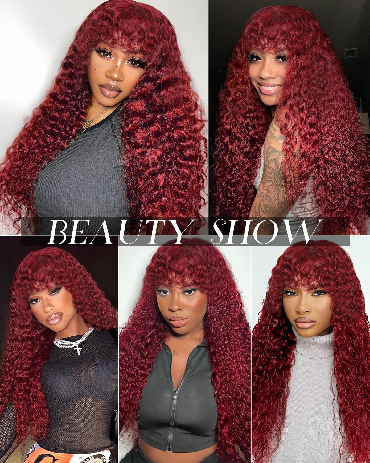 Burgundy Curly Wig with Bangs 20 Inch 100% Human Hair 2x4 Lace Closure Red - Image 5