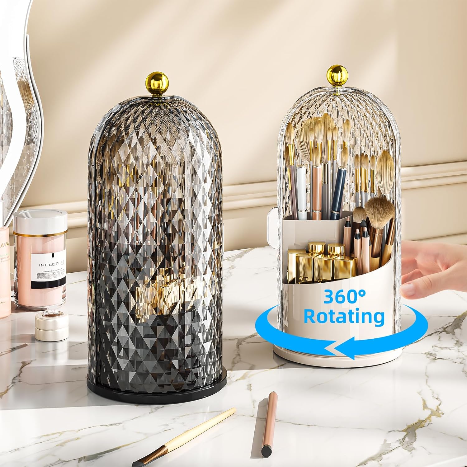 360 Rotating Makeup Brush Holder Organizer with Dustproof Lid for Vanity Black - Image 4