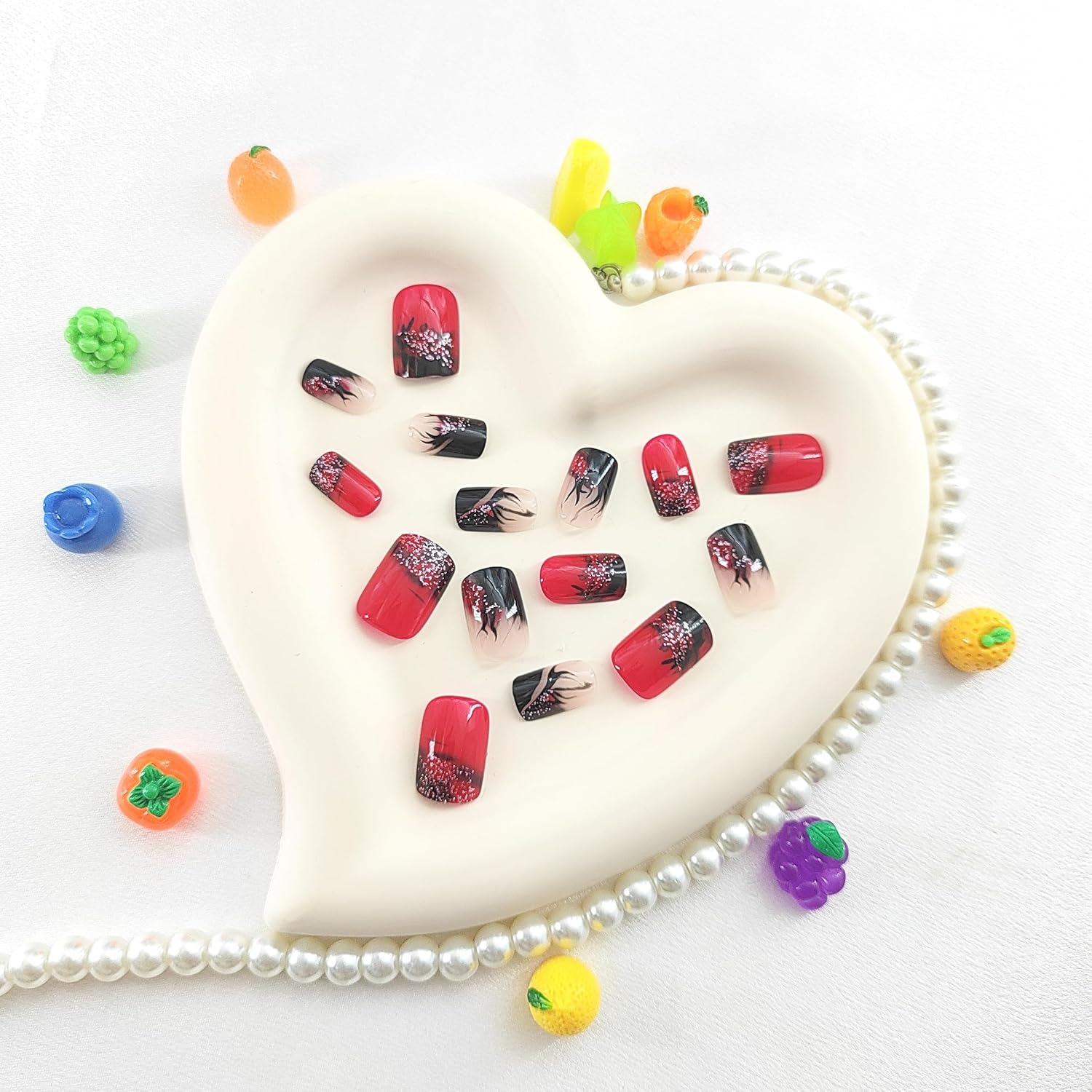 Medium Square Press-on Nails Black Flame Glitter Design 24 Pcs Full Cover Red Acrylic - Image 4