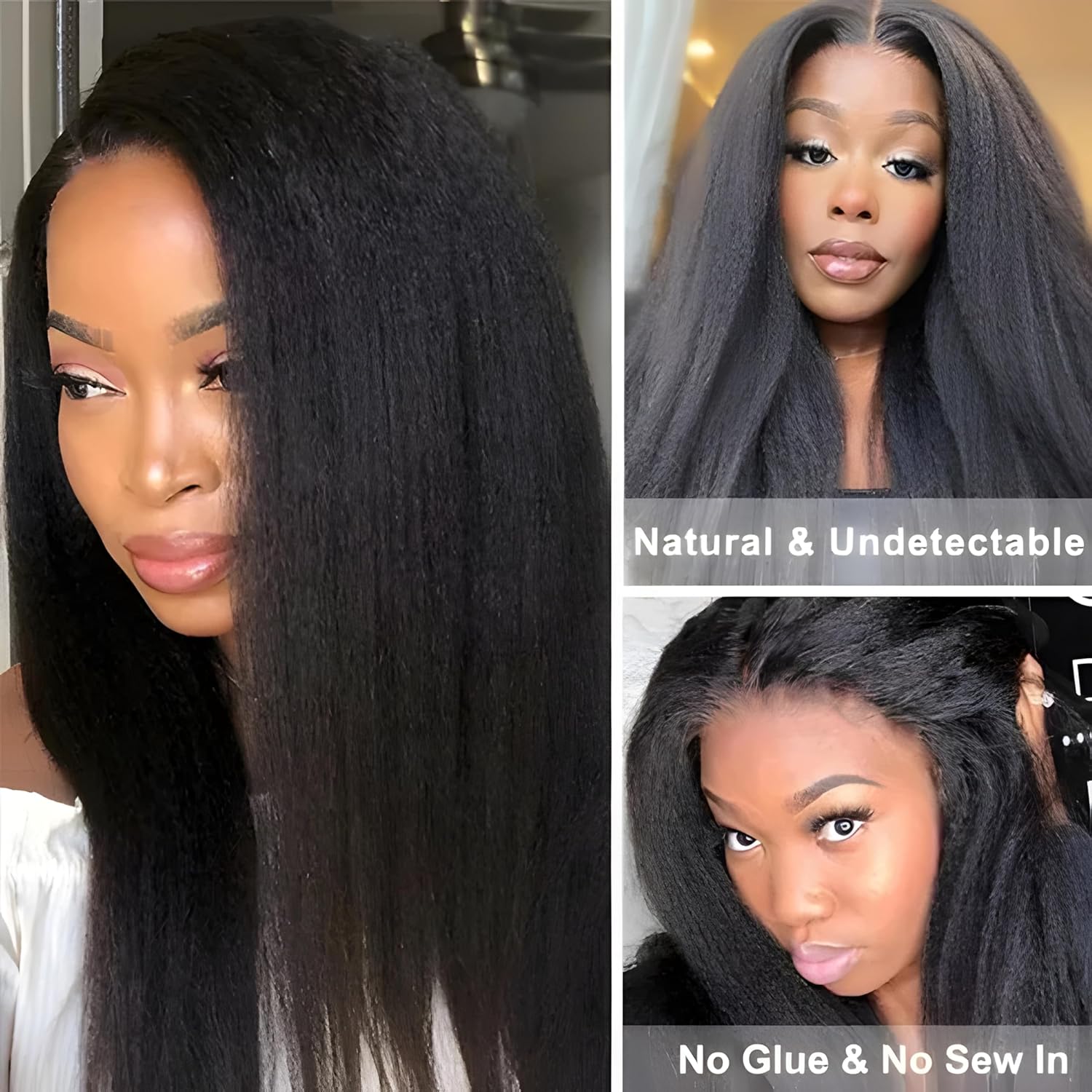 V Part Kinky Straight Human Hair Wig 16 Inch Glueless Clip-in Half Wig for Women - Image 5