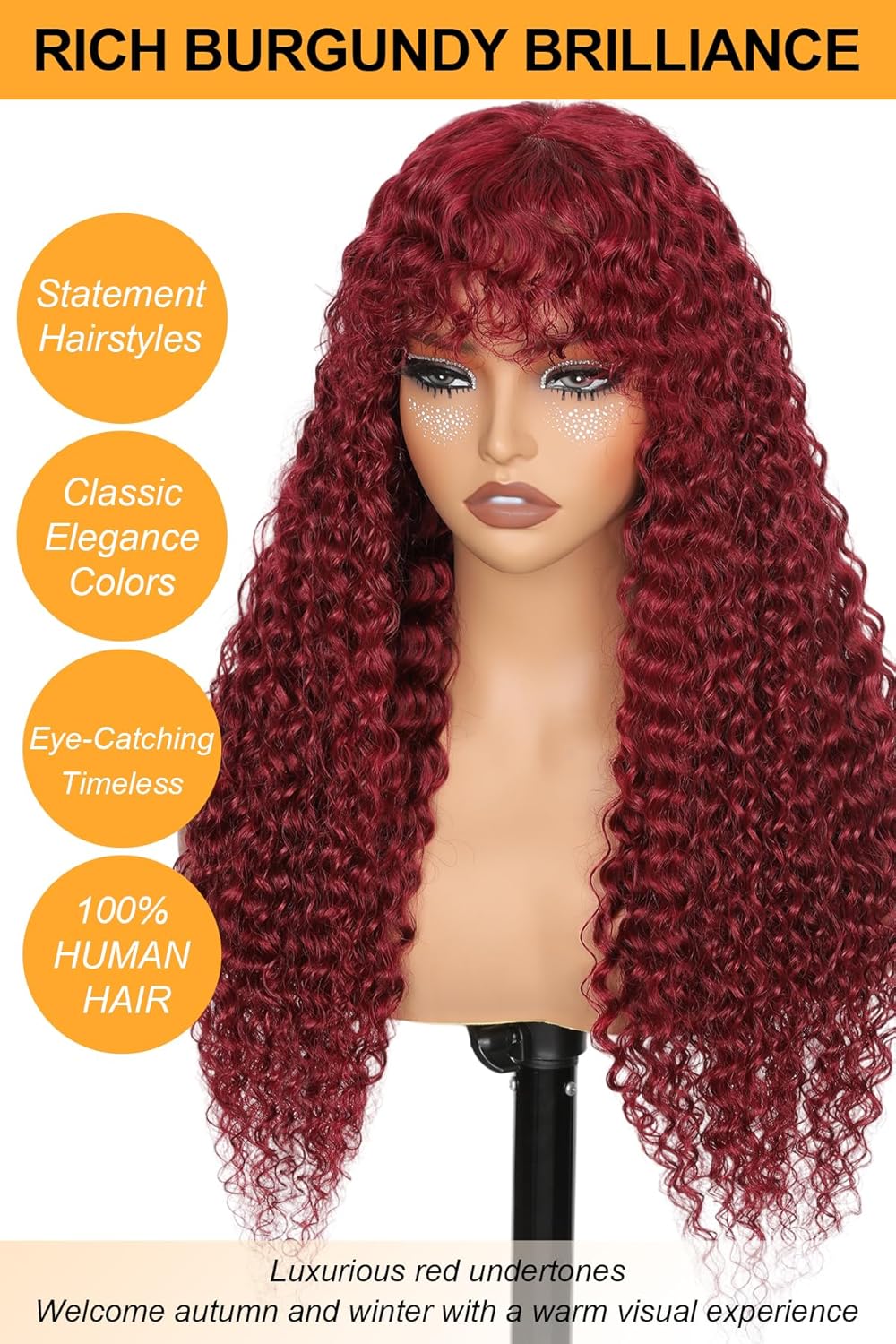 Burgundy Curly Wig with Bangs 20 Inch 100% Human Hair 2x4 Lace Closure Red - Image 4