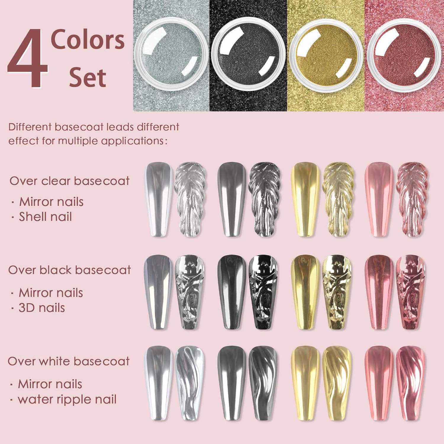 Allstarry 4-Color Metallic Chrome Nail Powder Set - Gold, Silver, Pink Holographic Glitter - Image 4