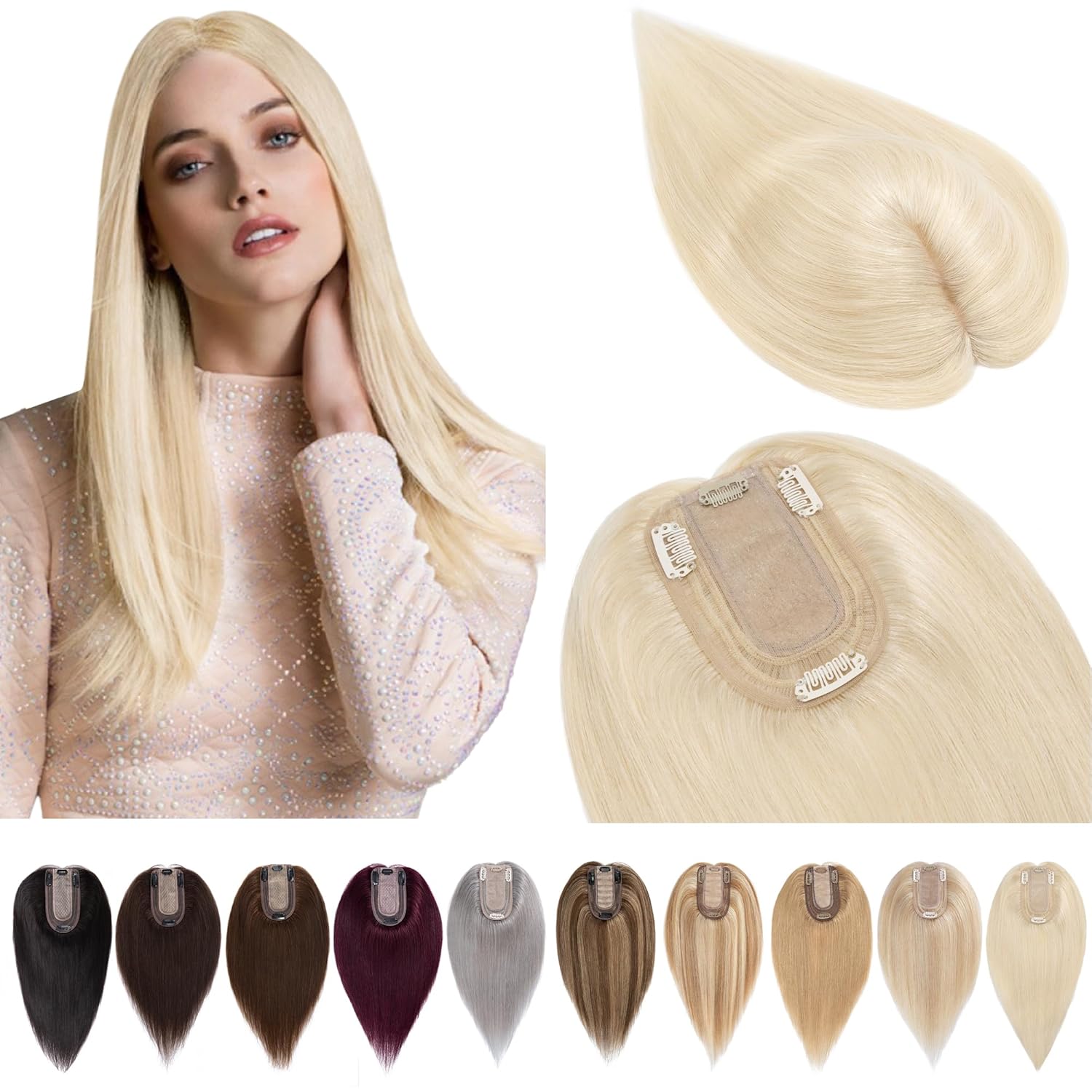 Hair Toppers for Women Real Human Hair No Bangs, 7 * 13 CM Silk Base Clip In Topper Hairpieces, Wiglet Top Pieces Add Volume -6 Inch Platinum Blonde