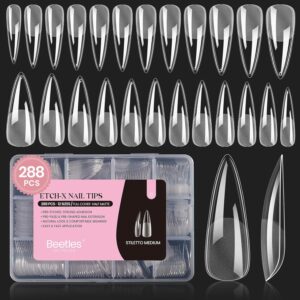 Beetles Stiletto Medium Nail Tips, 288 Pcs Pre-Shaped Etch X Nail Tips Fake Nails Soft Gel Nail Extension Acrylic Tips, Soak Off LED Nail DIY Salon at Home Gifts for Women