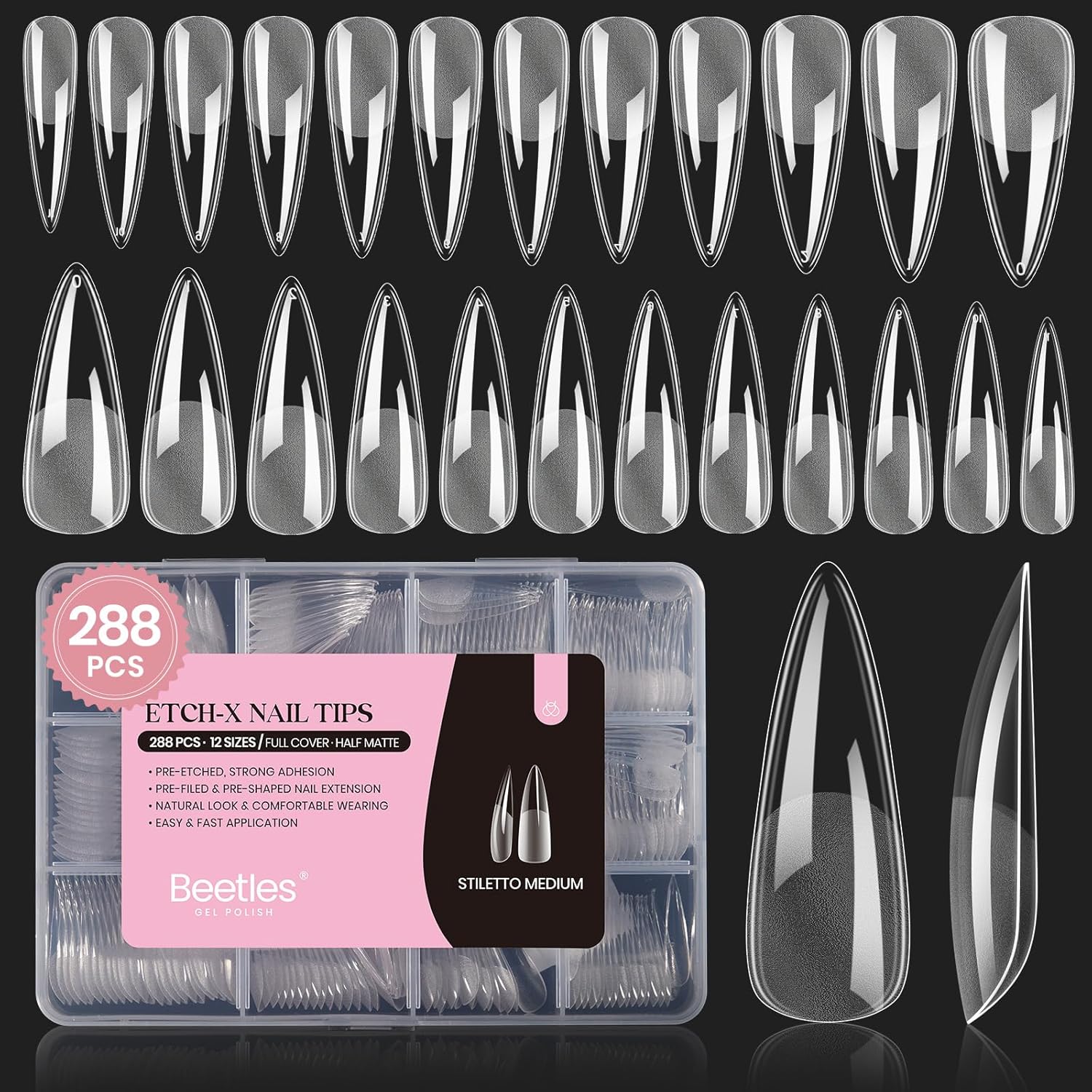 Beetles Stiletto Medium Nail Tips, 288 Pcs Pre-Shaped Etch X Nail Tips Fake Nails Soft Gel Nail Extension Acrylic Tips, Soak Off LED Nail DIY Salon at Home Gifts for Women