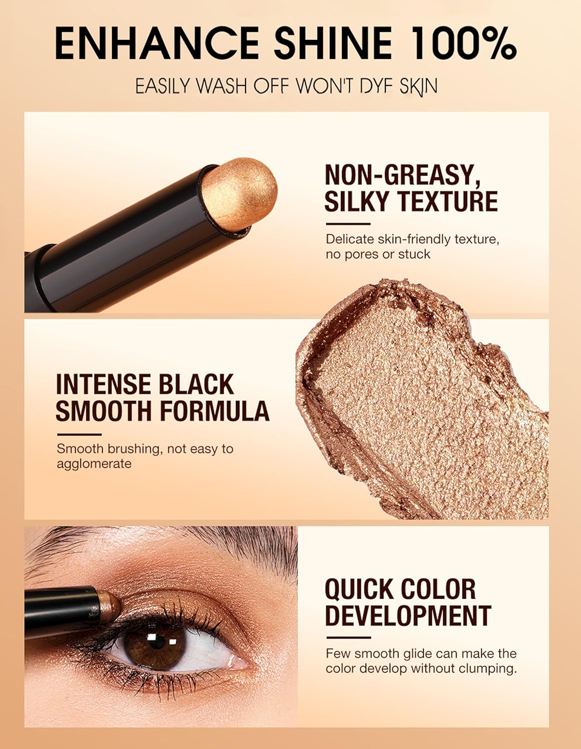 Erinde 24 Midnight Black Shimmer Cream Eyeshadow Stick Waterproof Metallic Glitter Pencil - Image 4
