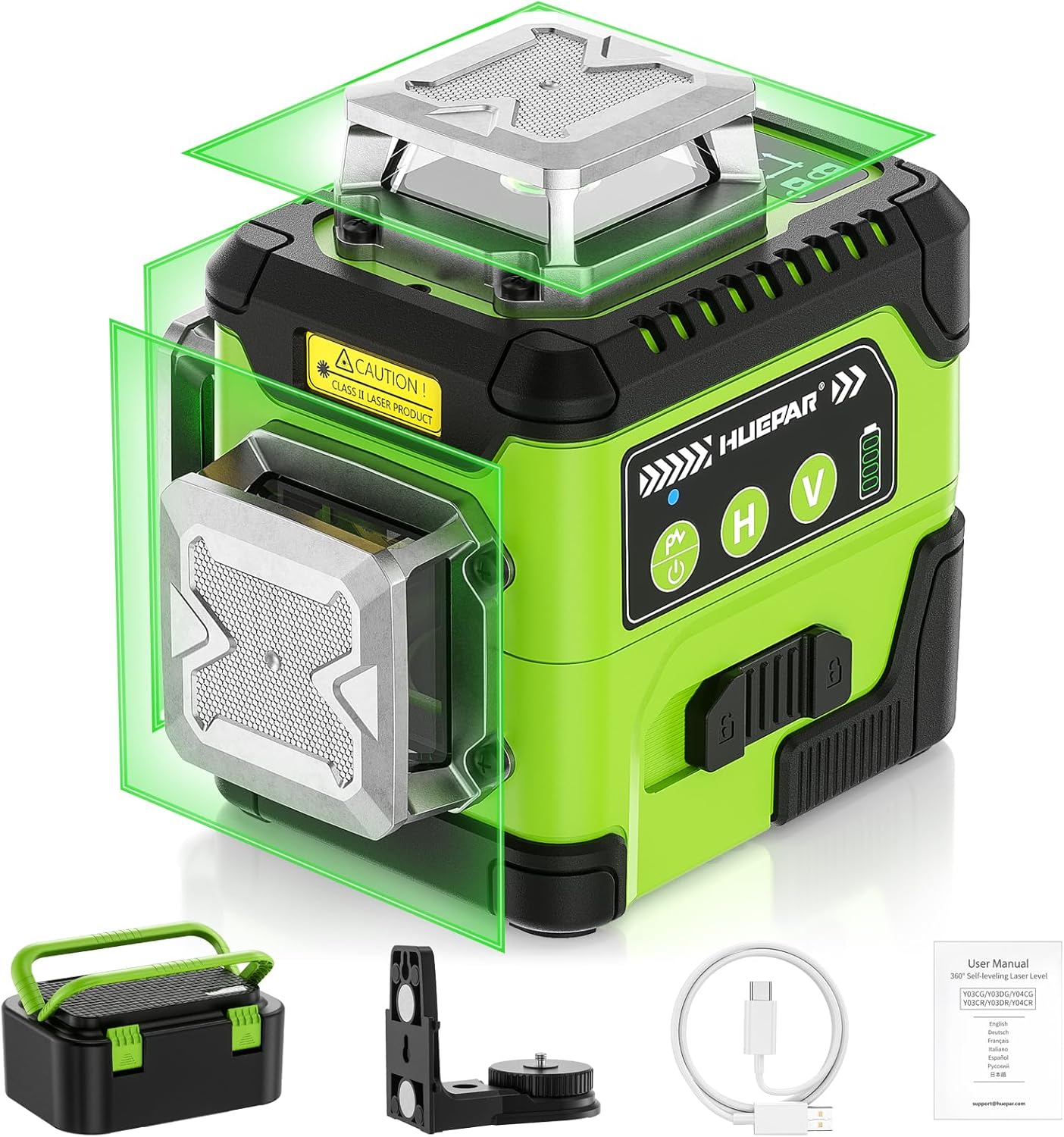 HUEPAR Laser Level 360 Self Leveling with LCD Screen, 3 x 360° High Brightness Rechargeable 3D Lazer Leveler Tool for Construction and Picture Hanging, Strong Magnetic Bracket&Hard Carry Case -Y03CG