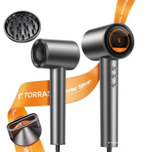 TORRAS Stream Hair Dryer, Space Gray, High-Speed 29.3m/s, 1600W, Hair Care Mode, Ionic Care, 2 Modes, 3 Speeds, 3 Heat Levels, with Diffusers, Aerospace Alluminum