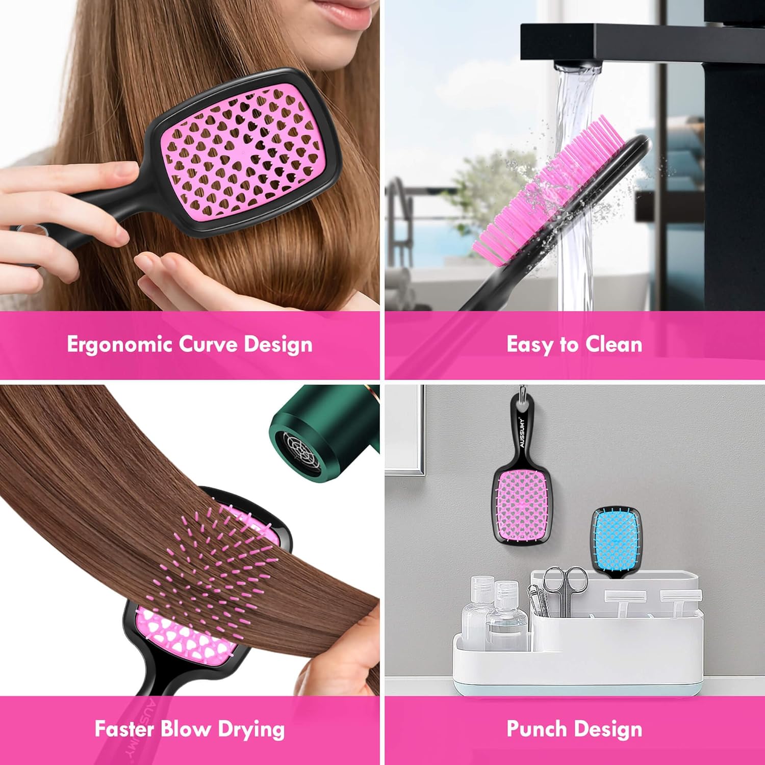 Vented Detangling Hair Brush Set - 2 Pack Regular and Mini Round for All Hair Types - Pink - Image 5