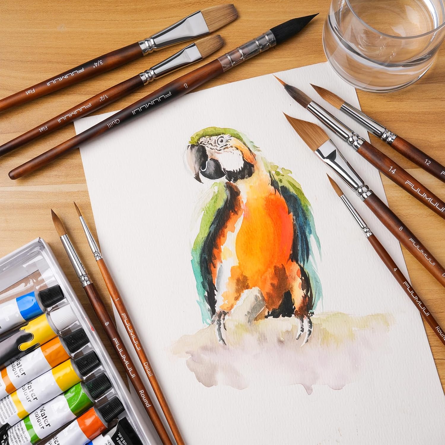 Fuumuui 9pc Professional Watercolor Paint Brush Set Sable Squirrel Bristle Medium - Image 6