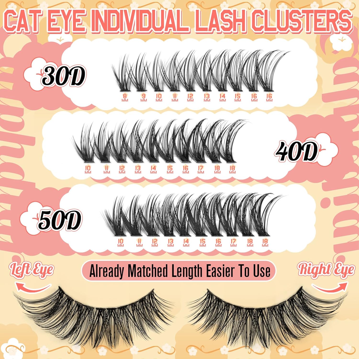 Cat Eye Wispy Lash Clusters 30D 40D 50D Individual Lashes 400pcs 8-18mm Assorted Lengths - Image 3