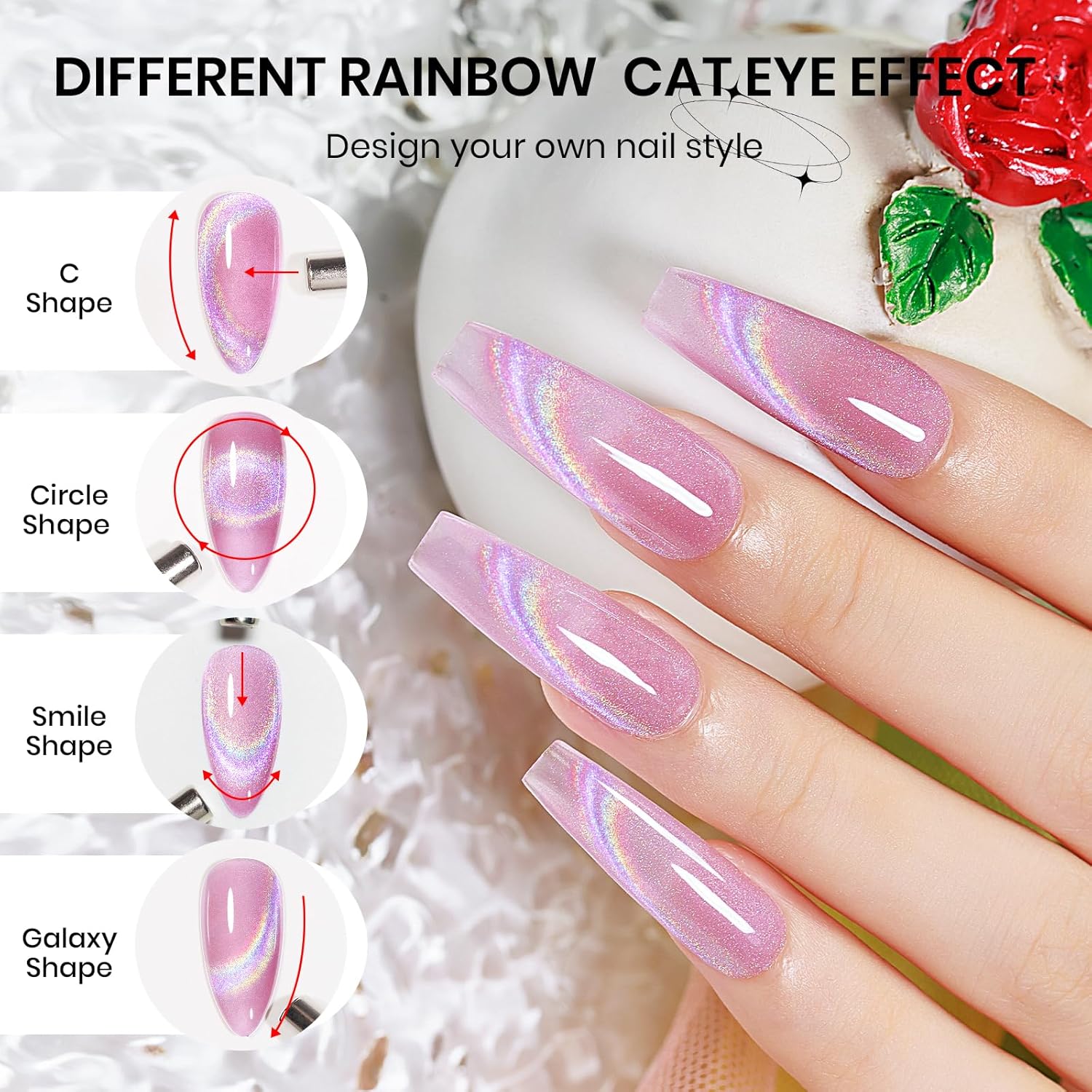 Pink Rainbow Magnetic Cat Eye Gel Nail Polish for Glittery Galaxy Effect 15ml - Image 2