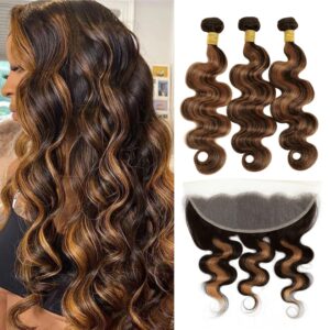 Brown Highlight Body Wave 3 Bundles with 13x4 Frontal Human Hair Free Part 18 20 22+18 Inch, Soft Glossy 12A Ombre #1b/30 Balayage Black and Brown Bundles with Frontal 100% Remy Hair