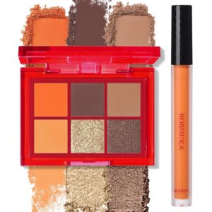 BOBISUKA Makeup Eyeshadow + Matte Lipstick Set, 6 Colors Orange Brown Warm Sunset Shimmer Matte Metallic Fall Eye Shadow Pallet with Orange Liquid Lipstick Makeup Kit for Halloween, Scary Pumpkin